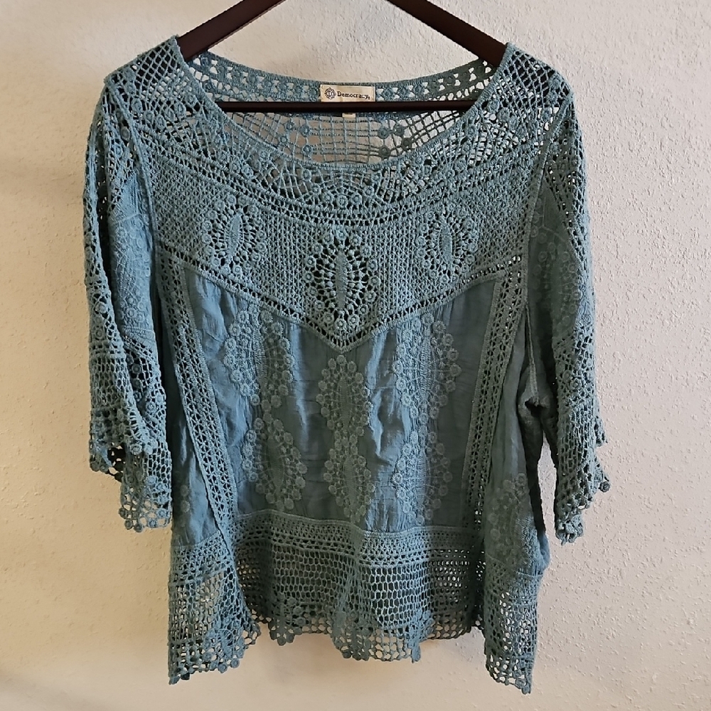 Democracy Teal Crochet Lace Blouse